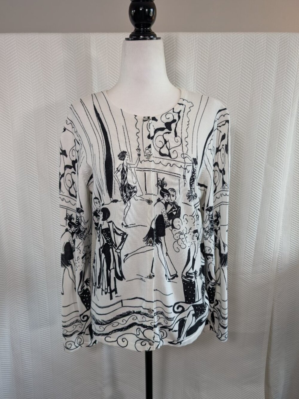 Christopher & Banks Roaring 20s Novelty Cardigan White & Black Whimsical Medium